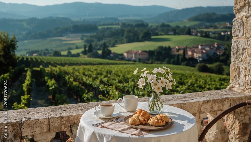 Fototapeta premium Fresh Croissants and Coffee on a Table With a View of Vineyards in the Morning