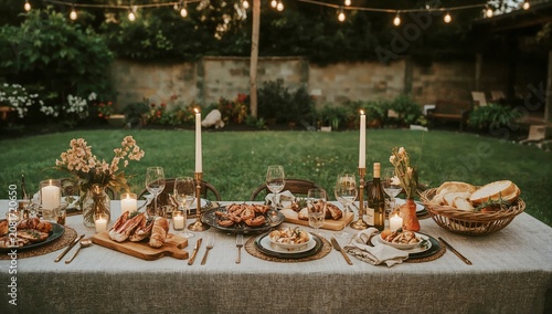 Dinner Party in a Garden During Evening With Food and Lights