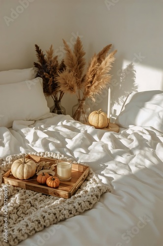 Cozy Bedroom Scene With Pumpkins and Warm Decor for Autumn
