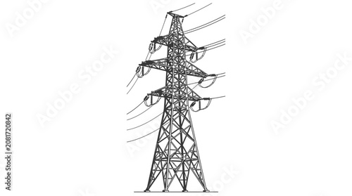 Tall lattice tower with wires against a white background
