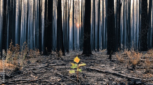Single Green Sapling Growing Through Ash in Burned Forest After Wildfire
