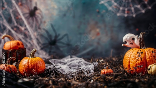 Decorative Pumpkins and Ghost Figures Set in a Spooky Scene for Halloween Cel...