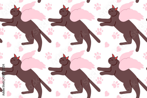 Seamless pattern with Chubby brown cat with pink wings flying. Cute magical repeat design. Vector illustration for nursery wallpaper, whimsical fabric, Valentine gift wrap, stationery collection.