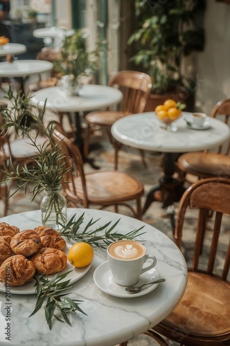 Coffee and Pastries on a Marble Table in a Cafe With Lemon and Plants