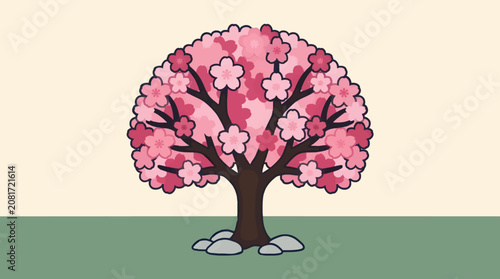 Flat Vector Illustration of a Single Ornamental Cherry Blossom Tree with Rounded Shape, Pink Flowers and Dark Brown Trunk on a Cream and Green Background with Rocks