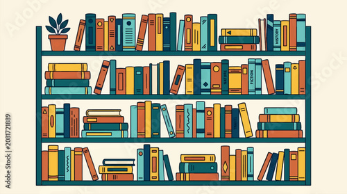Flat Vector Illustration of a Teal Bookshelf Filled with Diverse Books in Orange, Yellow, and Blue Hues, with a Potted Plant on Top Shelf, Clean Graphic Design