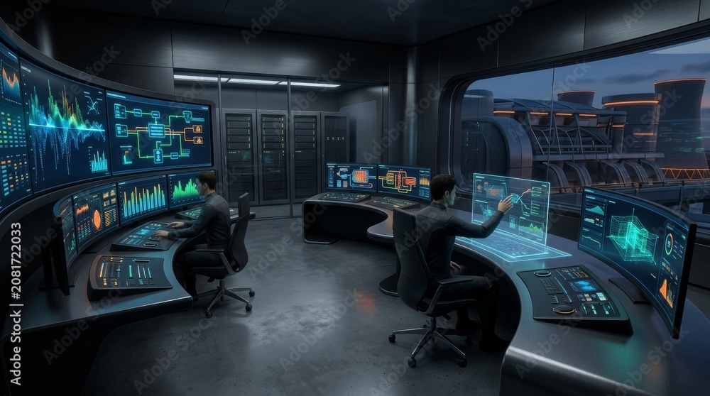 Obraz premium Futuristic Control Room with Data Displays and Cityscape View