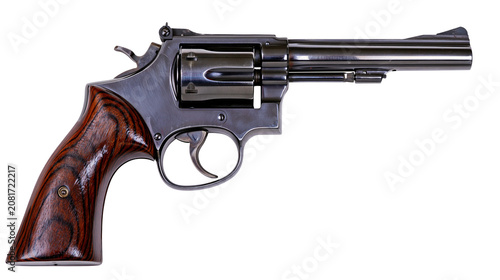 Fotografie Shiny metal revolver with polished wooden grip, isolated on transparent backgrou