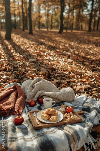 Enjoying a Simple Picnic in a Forest With Leaves on the Ground and Snacks on ...