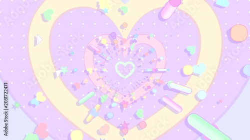 Pastel heart-shaped tunnel with circles, rounded lines, hearts, and stars motion graphics. (loop)