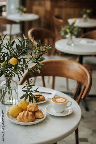 Coffee and Pastries With Fresh Lemons on Table in a Cafe in the Morning