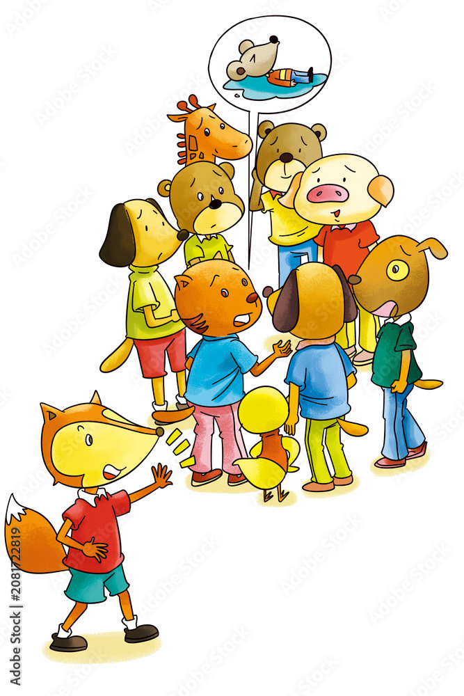 Fototapeta premium Cartoon forest animal group safety education illustration, fox telling animals about a mouse drowning accident, kids water safety clipart