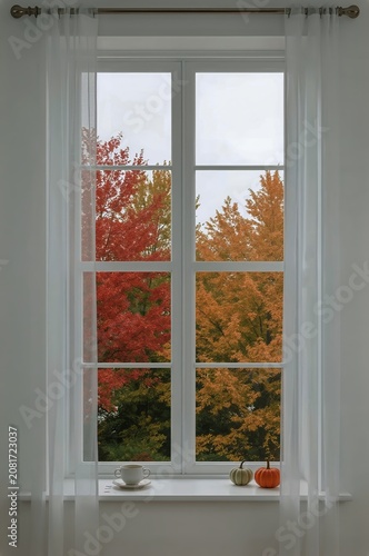 Colorful Autumn Trees Seen Through a Window With a Curtain and a Cup