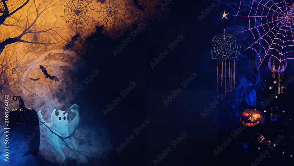 Fototapeta premium Halloween Celebration With Ghost and Pumpkins in Spooky Setting at Night