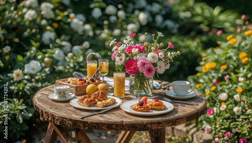 Bright Morning Meal in a Garden With Flowers and Fresh Food