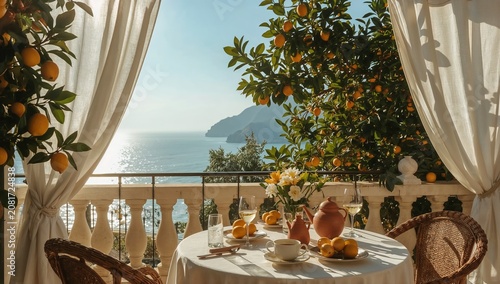 View From a Balcony With a Table Set Near the Ocean During Sunset