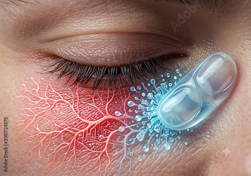 Close Up of Dry Eye Relief Concept with Artificial Tear Eye Drop and Irritated Skin Illustration