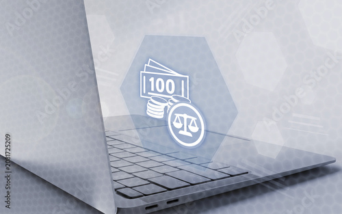 Diese digitale Grafik zeigt ein Laptop mit einem aufleuchtenden Symbol für Finanzen und Recht. Es veranschaulicht die Verbindung von moderner Technologie mit Finanzrecht und Gesetzgebung.