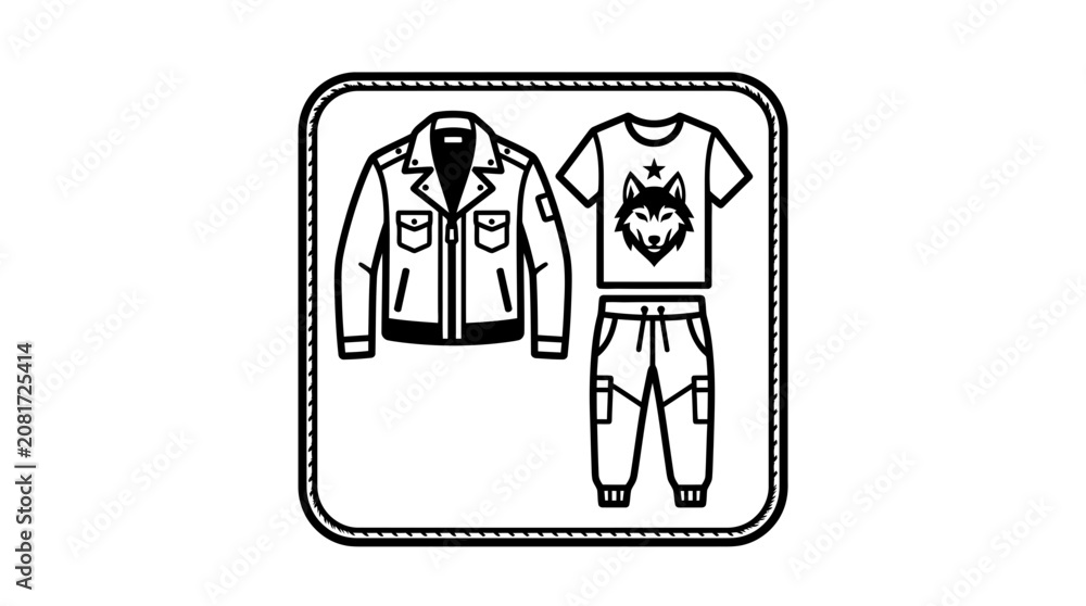 Fototapeta premium Stylized Wolf Head T-Shirt, Cargo Pants, and Leather Jacket Outfit