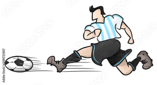 Handdrawn Argentinian footballer kicking a soccer ball, creative stylized cartoon illustration with dynamic pose