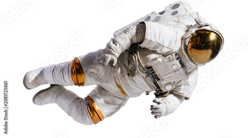 Fotografía White astronaut suit with golden helmet floating in space, isolated on transpare