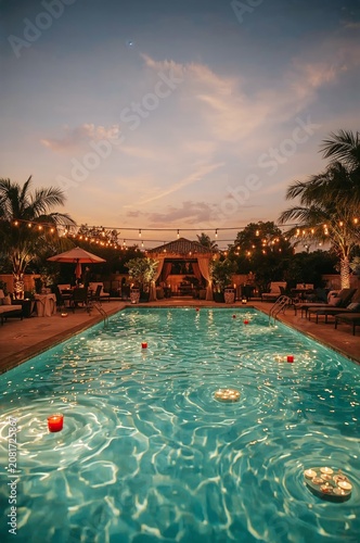 Evening Gathering by the Pool With Lights and Candles During Sunset