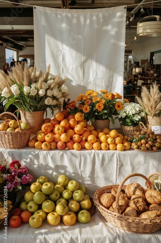 Fruit and Flowers Display at a Market With Baskets and Decorative Plants