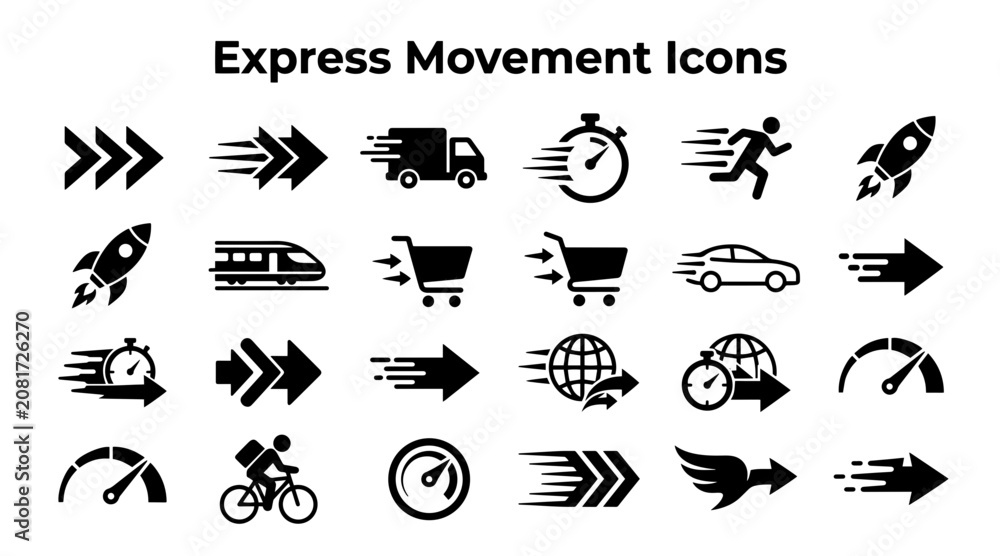 Fototapeta premium A collection of black vector icons representing speed, rapid movement, logistics, and fast transportation concepts.