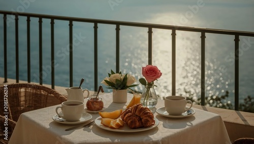 Breakfast on a Balcony With a View Over the Ocean in the Morning