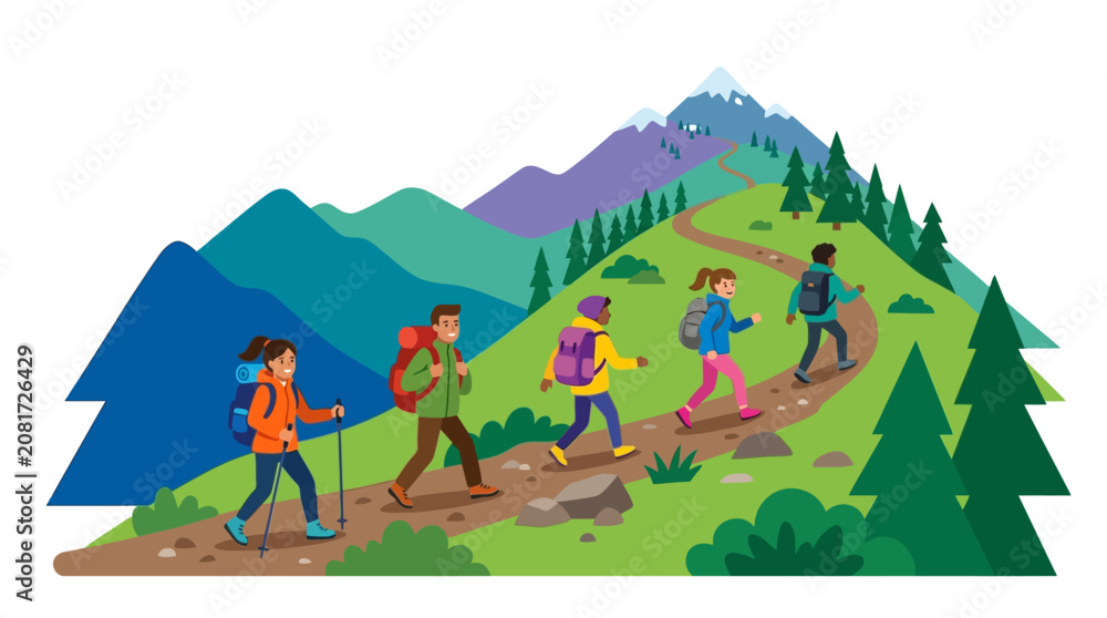 Naklejka premium Group of hikers trekking on a scenic mountain trail