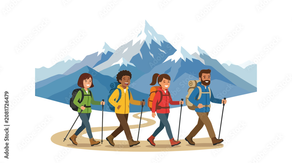 Fototapeta premium Group of hikers trekking in mountains with backpacks and poles
