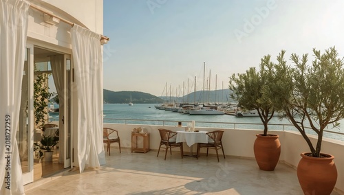 Enjoying Drinks on a Terrace Overlooking a Marina in a Warm Afternoon Light