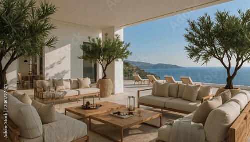 Outdoor Lounge Area With Ocean View and Trees in Bright Sunlight