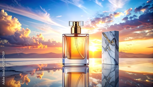Elegant perfume bottle and marble stand at sunset