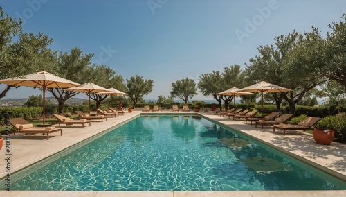 Luxury Pool Area With Lounge Chairs and Umbrellas at a Sunny Location