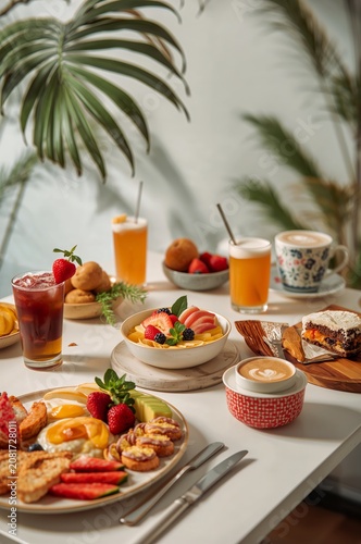 Delicious Breakfast Spread With Fruits, Drinks, and Baked Goods on a Table in...