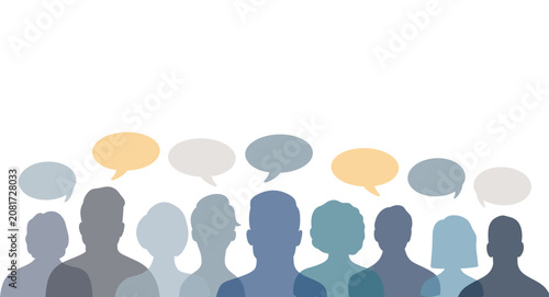Diversity people silhouettes with speech bubbles talking and communicating vector illustration, crowd group discussion conceptual background. Business concept negotiation