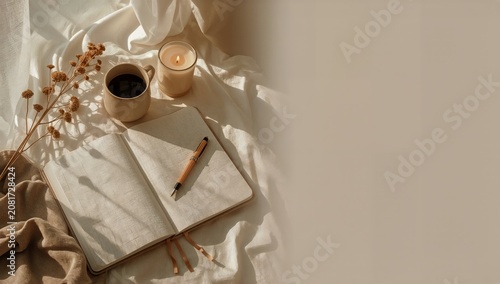 Relaxing Morning With Journal, Coffee, and Candle on a Table