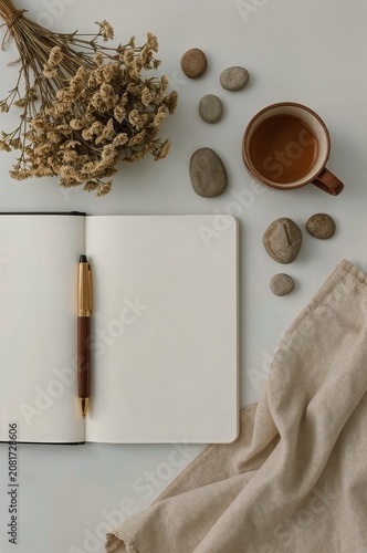Notepad With Pen, Stones, Cup of Tea, and Dried Flowers on Table During Daylight
