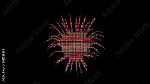 A glitch art sphere with spikes on a black background. A rotating pixel object. Geometric glitch. Pixel abstraction with dynamic rotation.