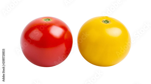 Fotografie Two ripe cherry tomatoes one red and one yellow, isolated on transparent backgro