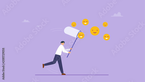 Bild auf Leinwand Cheerful man catch smiling face with butterfly net metaphor of happiness