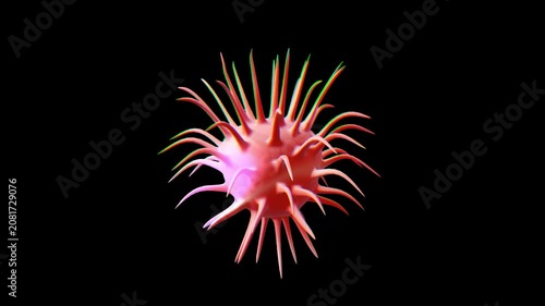 A holographic sphere with spikes and iridescent colors. Neon bacteria with chromatic aberration effect. Abstract molecular structure with a prism effect.