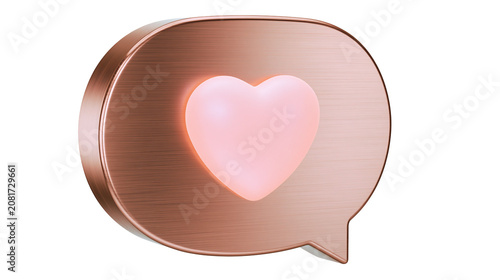 Rose gold speech bubble with glowing pink heart inside, isolated on transparent background