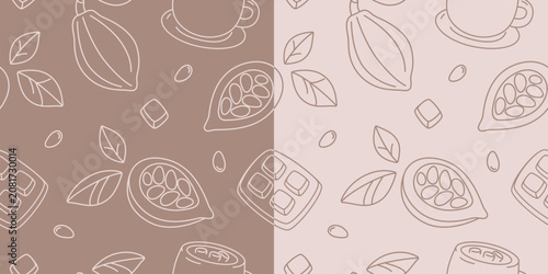 Cocoa beans and chocolate seamless pattern in doodle hand drawn style on light and dark brown background. Vector illustration. 