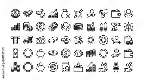 Foto Comprehensive collection of minimalist money and finance line icons for business