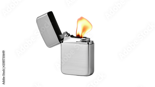 Bild auf Leinwand Brushed metal lighter with open lid and bright flame, isolated on transparent ba
