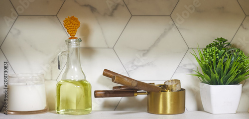 Canvastavla Kitchen Shelf Still Life With Olive Oil Bottle, Candle, Brass Utensils and Potte