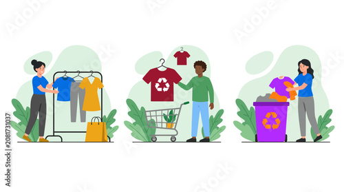 Diverse people organizing garments on clothing racks and sorting items into recycle bins, illustrating sustainable lifestyle practices and representing conscious fashion consumerism
