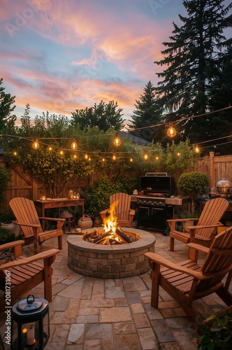 Outdoor Fire Pit Area With Seating and Grill in Backyard at Sunset